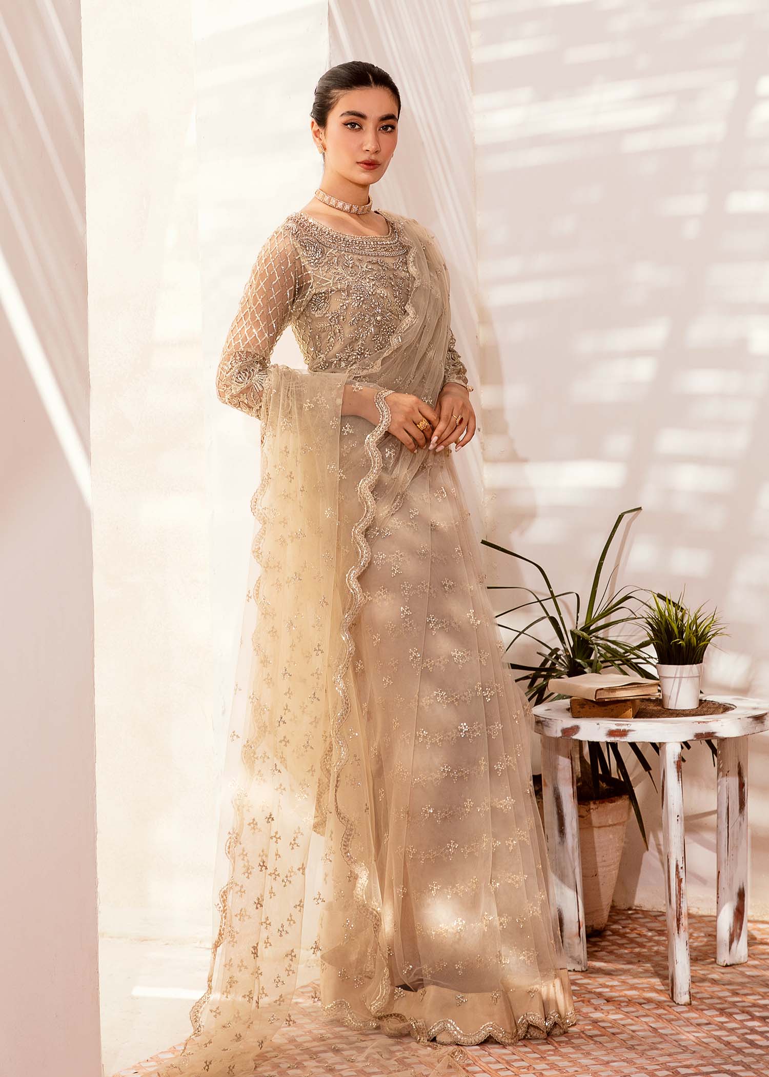 Al Amra 103 Anaya White Semi Stitched Georgette Embroidery Pakistani Dress